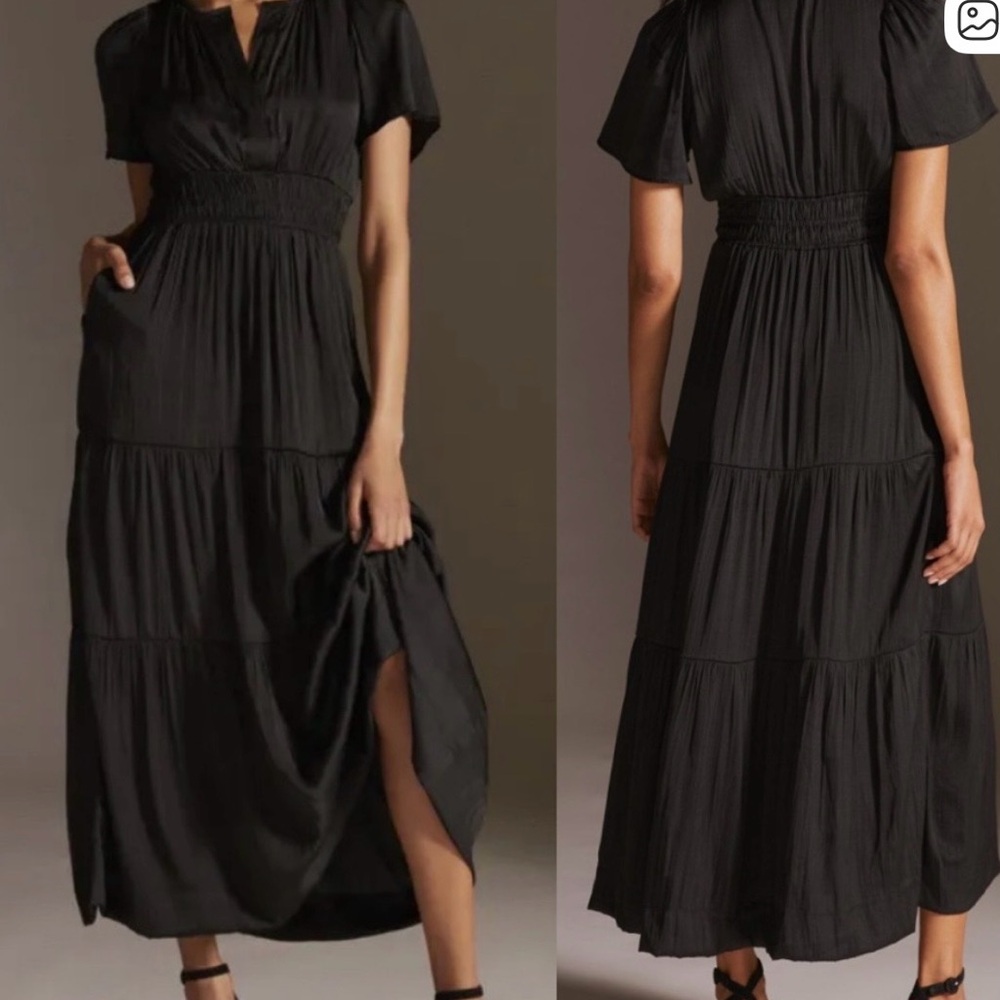 Anthropologie Somerset silky long black tiered maxi dress XS NWT